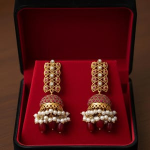 Ruby Pearl Jhumka Earrings | Traditional Indian Jhumka | Gold Plated Long Earrings | Bridal Dangle Earrings Ethnic Wedding Jewelry for Women
