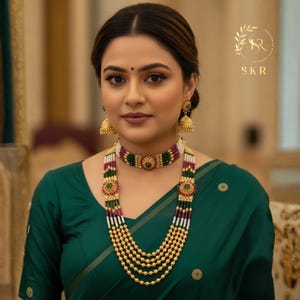 Traditional Indian Long Beaded Rani Haar Set With Choker And Earrings, Multi-layer Panchlada Rani Haar Set, Indian Choker Set