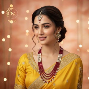 May include: A woman wearing a yellow sari and elaborate jewelry. The jewelry includes a multi-strand red beaded necklace with white accents, matching earrings, and a headpiece. The background is a soft, blurred peach color with bokeh lights.
