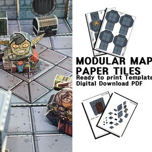 May include: A tabletop role-playing game scene featuring modular paper tiles, a goblin character, and various dungeon elements. The scene includes barrels, chests, and a skull. The text reads "MODULAR MAP PAPER TILES Ready to print Template Digital Download PDF."