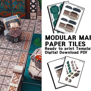 Puede incluir: Una escena de juego de mesa con baldosas de papel modulares y figuras de personajes. La escena incluye baldosas de papel impresas con varios patrones y colores, junto con una figura de personaje enano. Se muestra el texto "MODULAR MAP PAPER TILES".