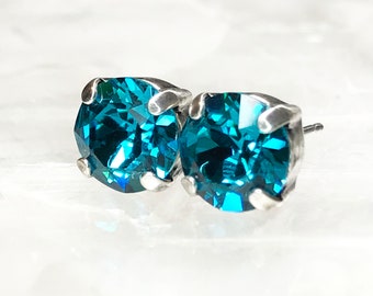 Turquoise Blue Crystal Stud Earrings, Teal Earrings, Nickel Free Surgical Steel Post Earrings