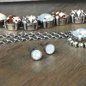 Opal Earrings Stud, Minimalist Stud Earrings, Swarovski Crystal, White Earrings