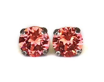 Coral Rhinestone Stud Earrings, Surgical Steel Posts, 8mm Round Earrings