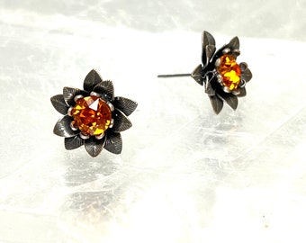Topaz Crystal Flower Stud Earrings with Surgical Steel Posts