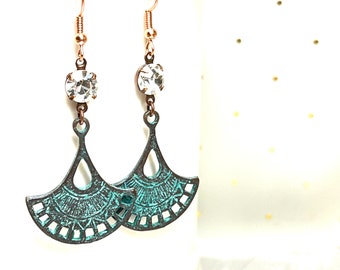 Green Patina Copper and Crystal Dangle Earrings with French Hook