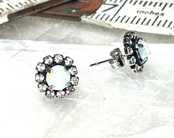 White Opal Halo Crystal Stud Earrings, Austrian Crystal Bridesmaid Earrings