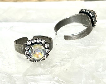 Dove Gray Opal Round Halo Ring, Handmade Adjustable Crystal Ring