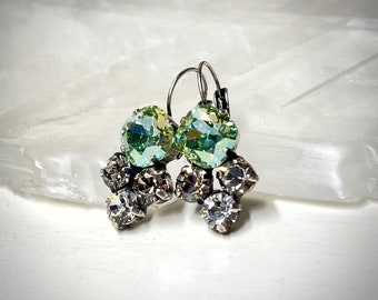 Retro Chic Mint Green and Gray Rhinestone Dangle Earrings