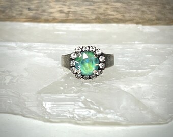 Green Opal Round Halo Ring, Handmade Adjustable Crystal Ring