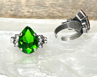 Handmade Pear Shaped Green Crystal and Stainless Steel Ring for Her, Adjustable Ring size 5 to 10