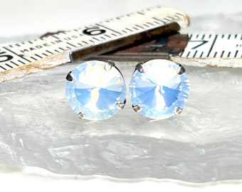 White Opal Big Round Stud Earrings, Nickel Free Rhinestone Crystal Jewelry, Surgical Steel Posts