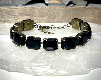 Jet Black Multistone Bracelet, Luxury Retro European Rhinestone Tennis Bracelet