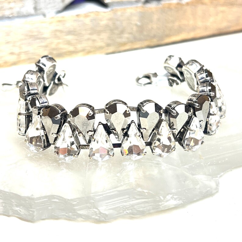 Hematite Gray and Clear Crystal pear Shaped Rhinestone Layering Bracelet, Multi Stone Tennis Bracelet image 4