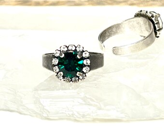 Emerald Green Round Halo Ring, Handmade Adjustable May Birthstone Ring