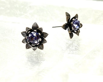 Tanzanite Purple Crystal Flower Stud Earrings with Surgical Steel Posts