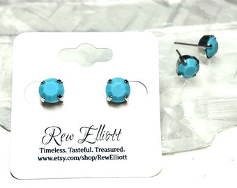 Turquoise Blue Rhinestone Stud Earrings, Surgical Steel Posts, 8mm Round Earrings