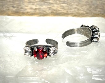 Ruby Red Austrian Crystal Three Stone Ring, Stackable snd Adjustable Stainless Steel Ring