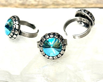 Handmade Turquoise Shimmer Crystal and Stainless Steel Ring for Her, Adjustable Ring size 5 to 10