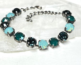 Shades of Teal Green Crystal Rhinestone Layering Bracelet, Multi Stone Tennis Bracelet (0114)