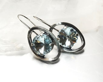 Light Blue Crystal Earrings, Oval Open Circle, Surgical Steel