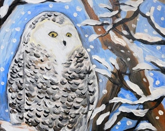 SNOW OWL 11x14 pouces Peinture acrylique originale BIRD Animal Nature Art sur toile tendue par Patricia