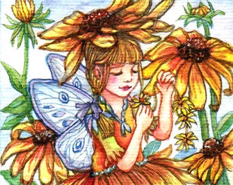 ACEO limited edition art print, 2.5 x 3.5 inches," Black-eyed Susan Fairy " fantasy fairy art from original painting by Patricia Chu