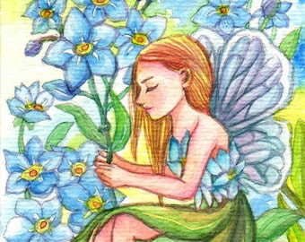 ACEO limited edition art print, 2.5 x 3.5 inches," Forget-Me-Not Fairy " fantasy fairy art from original painting by Patricia Chu
