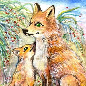 ACEO limited edition art print, 2.5 x 3.5 inches, &quot; Mama Fox And Baby Fox &quot; animal art from original painting by Patricia Chu