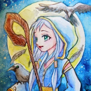ACEO limited edition art print, 2.5 x 3.5 inches,&quot; Enchanter And Raven&quot; fantasy art from original painting by Patricia Chu