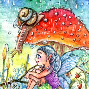 Impressão artística de edição limitada ACEO, 2,5 x 3,5 polegadas, arte de fada de fantasia "Hiding From Rain" da pintura original de Patricia Chu