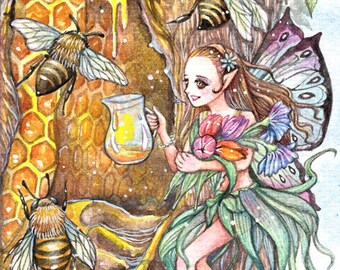 Honey Trade - 5x7" Fine Art Print, Fairy Fantasy Art by Patricia Chu