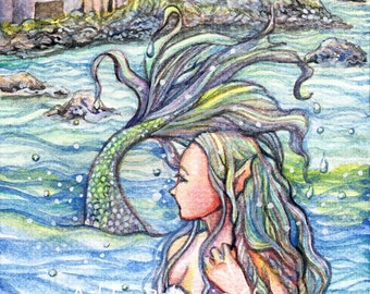 Looking Back - 5x7" Fine Art Print, Mermaid Fantasy Art by Patricia Chu