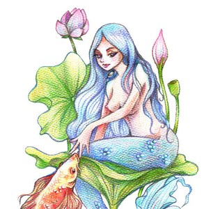 Mermaid And Koi - Fine Art Print Nature Animal Fantasy Art from original painting by Patricia Chu