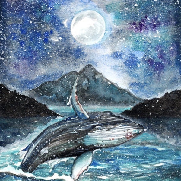 ACEO limited edition art print, 2.5 x 3.5 inches," Dance Under The Moon " ocean whale animal art from original painting by Patricia Chu
