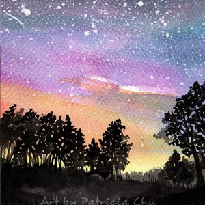 ACEO limited edition kunstafdruk, 2,5 x 3,5 inch, 'Sunset Woods' Nightscape-kunst naar origineel schilderij van Patricia Chu