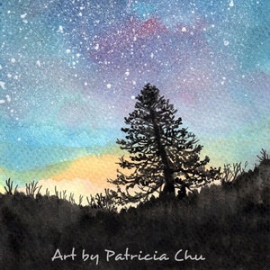 ACEO limited edition kunstprint, 2,5 x 3,5 inch, 'Starry Sky' Nightscape-kunst naar origineel schilderij van Patricia Chu