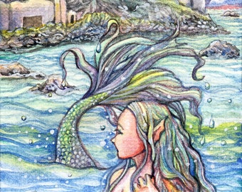 ACEO limited edition art print, 2.5 x 3.5 inches," Looking Back " fantasy mermaid art from original painting by Patricia Chu