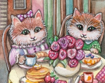 ACEO limited edition art print, 2.5 x 3.5 inches," Outdoor Dining " Fantasy Cat art from original painting by Patricia Chu