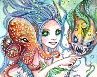 ACEO limited edition art print, 2.5 x 3.5 inches," Underwater Friends " fantasy mermaid art from original painting by Patricia Chu