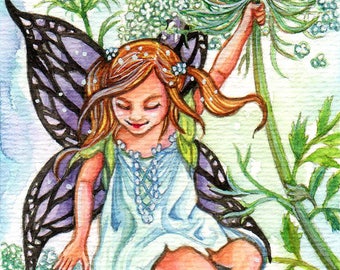 ACEO limited edition art print, 2.5 x 3.5 inches," Queen Anne's Lace Fairy " fantasy fairy art from original painting by Patricia Chu