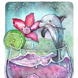 ACEO Limitierte Edition Kunstdruck, 5,5 x 3,5 Zoll, "Dolphin And Orchids" Ozean Tierkunst nach original Gemälde von Patricia Chu