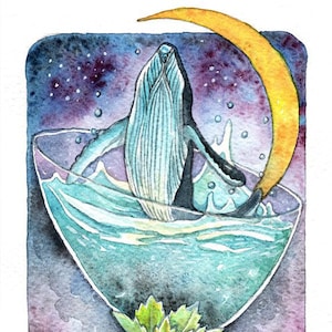Impresión artística de edición limitada ACEO, 2.5 x 3.5 pulgadas", Whale Under The Moon " arte animal de ballena oceánica de la pintura original de Patricia Chu