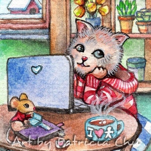 ACEO impresión artística de edición limitada, 2.5 x 3.5 pulgadas", Coffee Break " Arte de gato de fantasía de pintura original de Patricia Chu