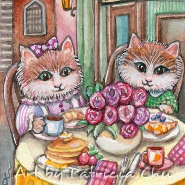ACEO limited edition art print, 2.5 x 3.5 inches," Outdoor Dining " Fantasy Cat art from original painting by Patricia Chu