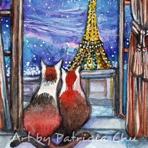 Impressão artística de edição limitada ACEO, 2,5 x 3,5 polegadas, "Date in the Night" arte Fantasy Love Cats da pintura original de Patricia Chu