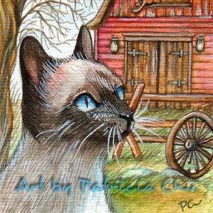 ACEO limited edition art print, 2.5 x 3.5 inches,&quot; Cat in Front of Barn House &quot; animal art from original painting by Patricia Chu