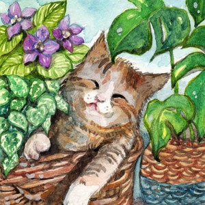 ACEO limited edition kunstprint, 2,5 x 3,5 inch, 'Napping Therapy' bloemenkunst dierenkat naar origineel schilderij van Patricia Chu