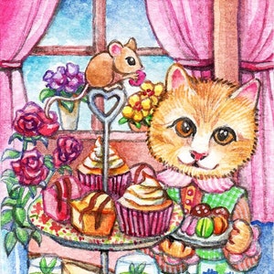 Impresión artística de edición limitada ACEO, 2.5 x 3.5 pulgadas", High Tea Party " Arte de gato de fantasía de la pintura original de Patricia Chu