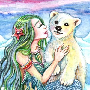 Stampa artistica in edizione limitata ACEO, 2,5 x 3,5 pollici, "Little Polar Bear Baby" arte fantasy sirena dal dipinto originale di Patricia Chu